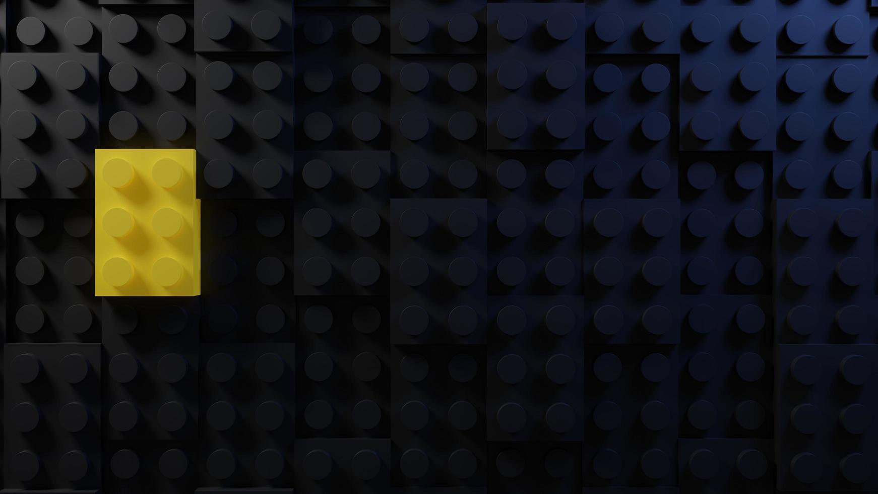 3d rendering of toy bricks on black background. minimalistic background, and one yellow bricks on background,  topview photo