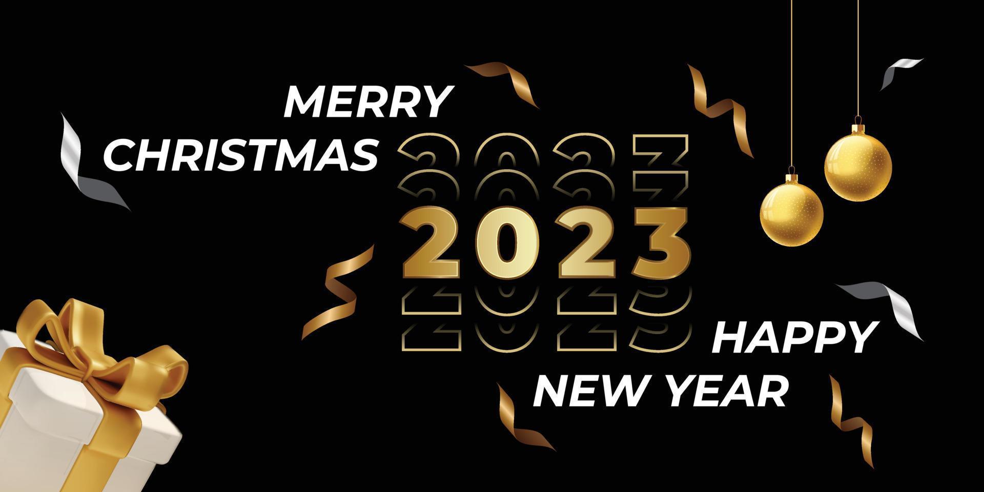 feliz año nuevo 2023 y tipografía de feliz navidad con texto de metal dorado realista en 3d, postal de felicitación de año nuevo y navidad vector