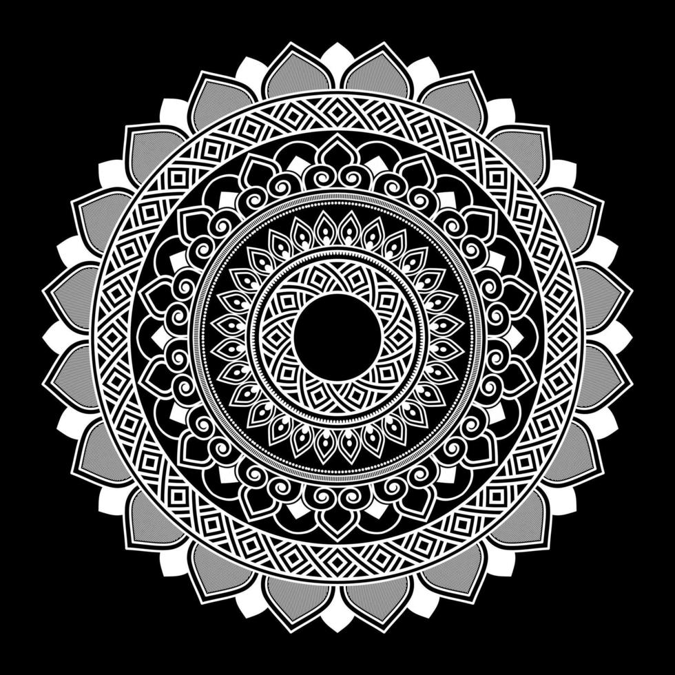 mandala blanco sobre dibujo de garabatos de plantilla de patrón negro, patrones de adorno redondo para henna, mehndi, tatuaje vector