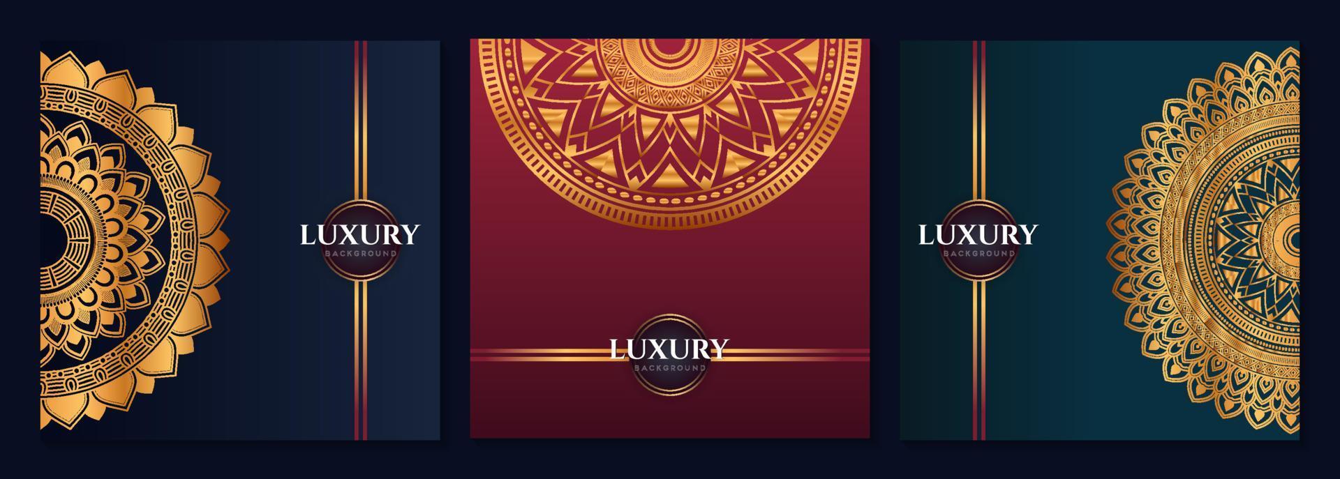 Set of abstract gold luxury mandala background vector template, Circular ornamental arabesque pattern for poster, cover, brochure, flyer. Red, green, blue background