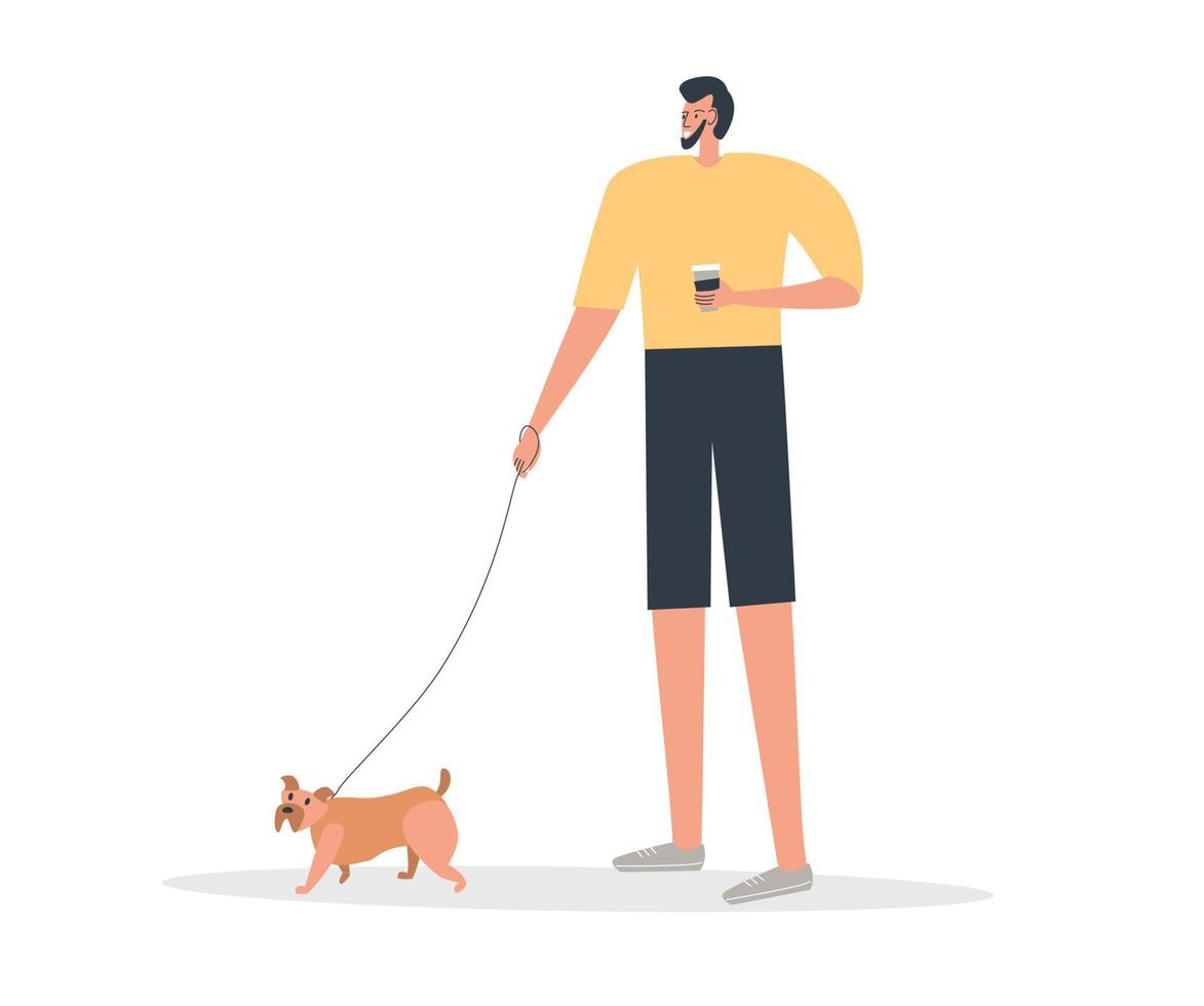 Young man walking with his cute little dog. Happy pet owner. Flat people vector illustration