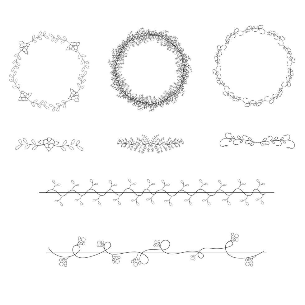 Collection of decorative wreaths, frames with plants style outline vector