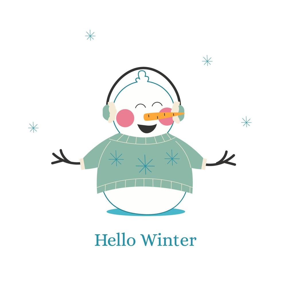 Hello winter with snowman. Vector, postcard vector