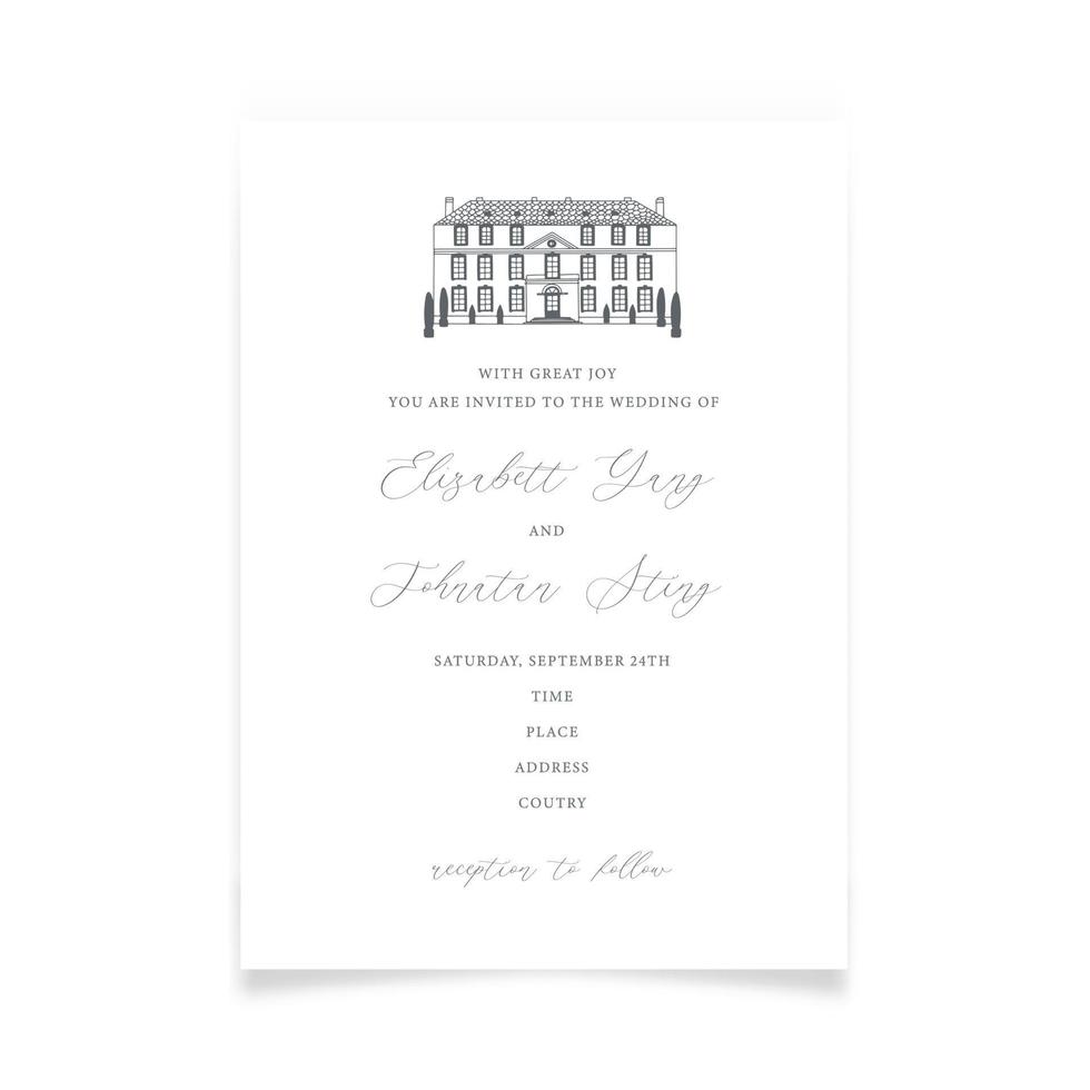 Wedding invitation with sketch house in minimalism style. vector