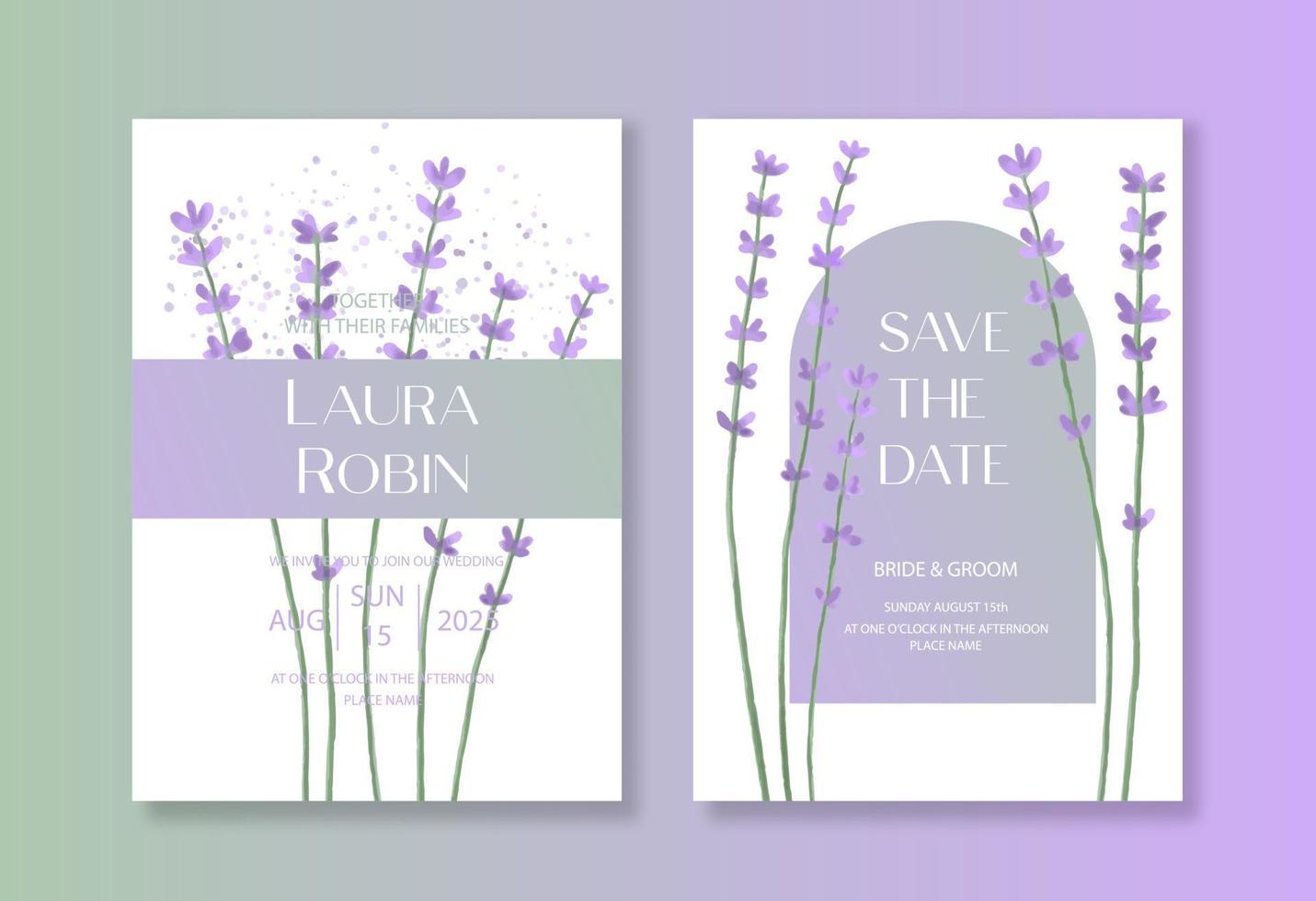 plantilla de invitación de boda botánica con lavanda acuarela y arco para fiesta, tarjeta de felicitación. vector