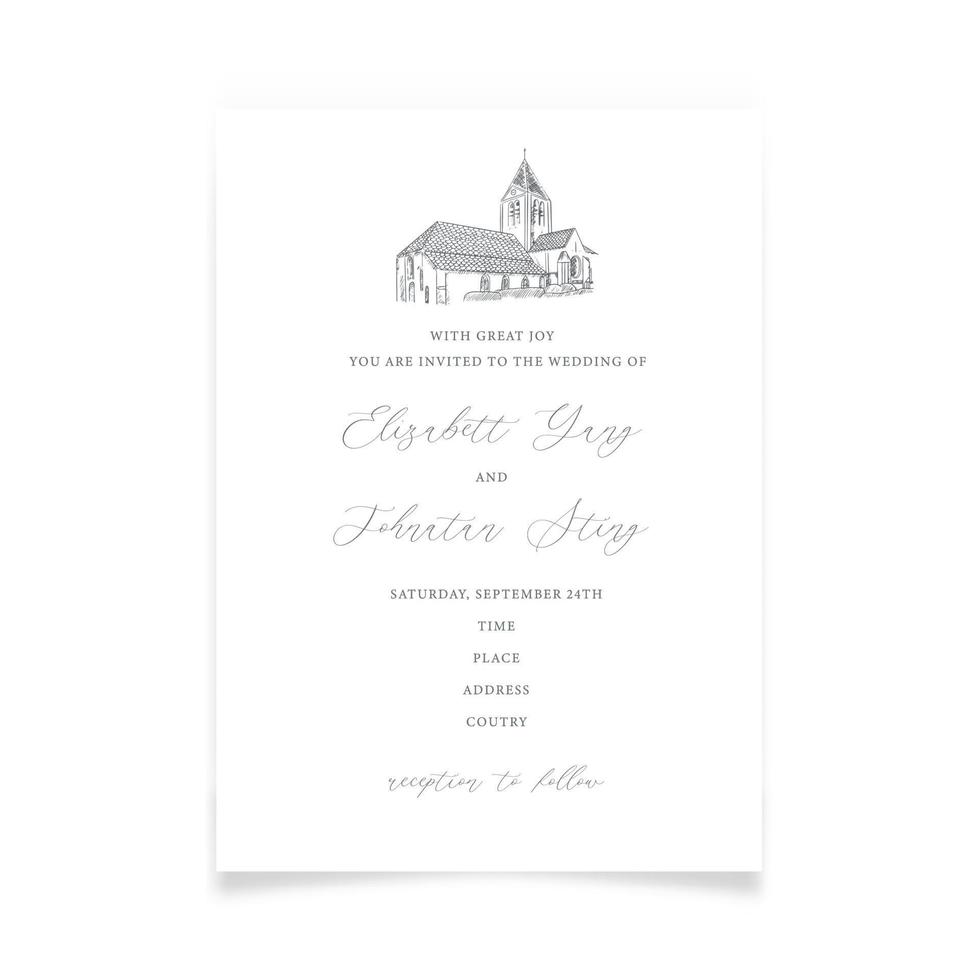 Wedding invitation with sketch house in minimalism style. vector