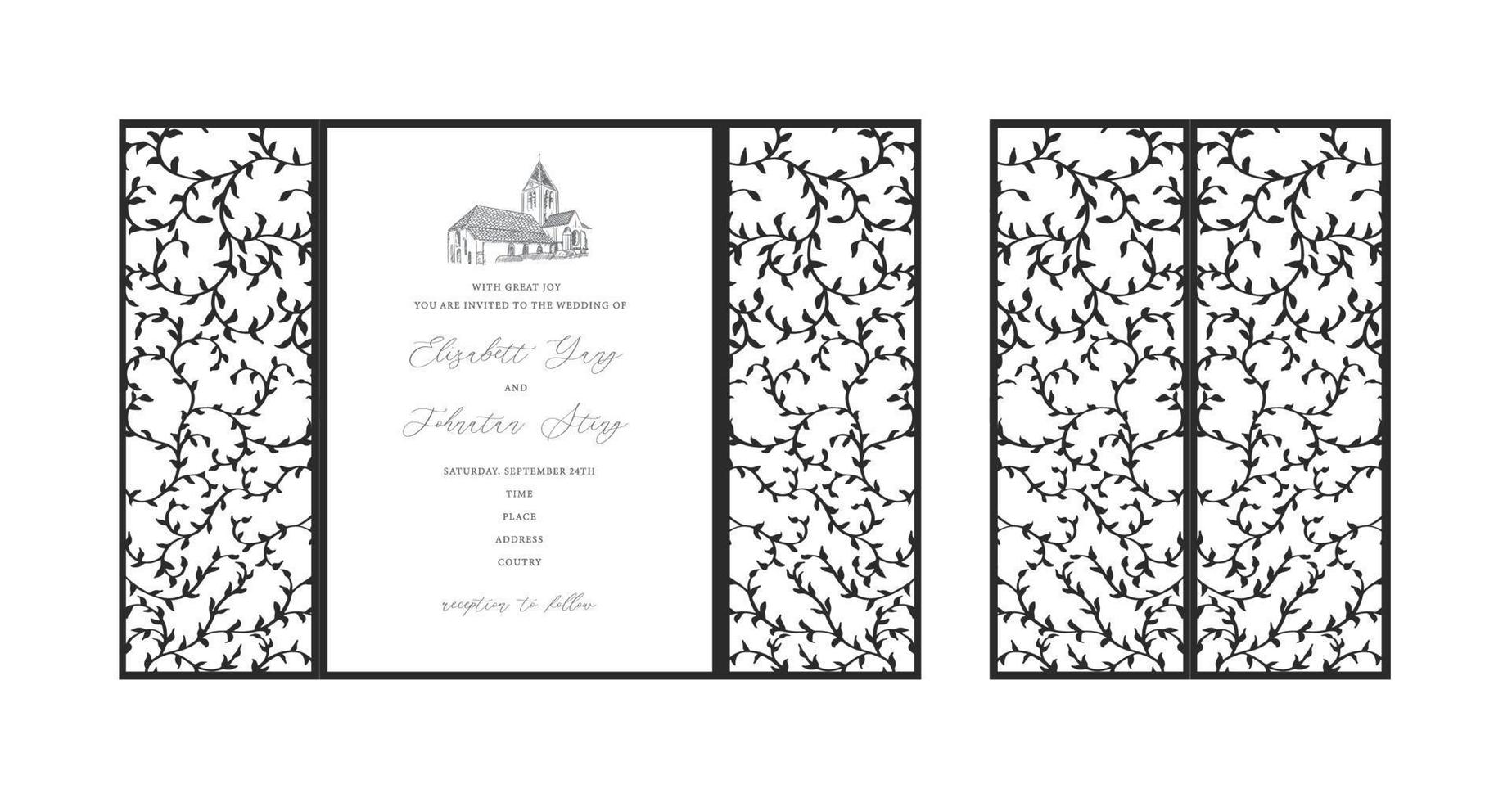 Plantilla de tarjeta de invitación de boda ornamental cortada con láser con pliegue de puerta. diseño para corte láser o plantilla troquelada. vector