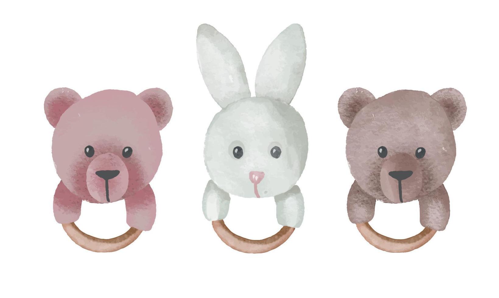 Rattle toy for newborns. Plush Hare and bear with a wooden ring. vector