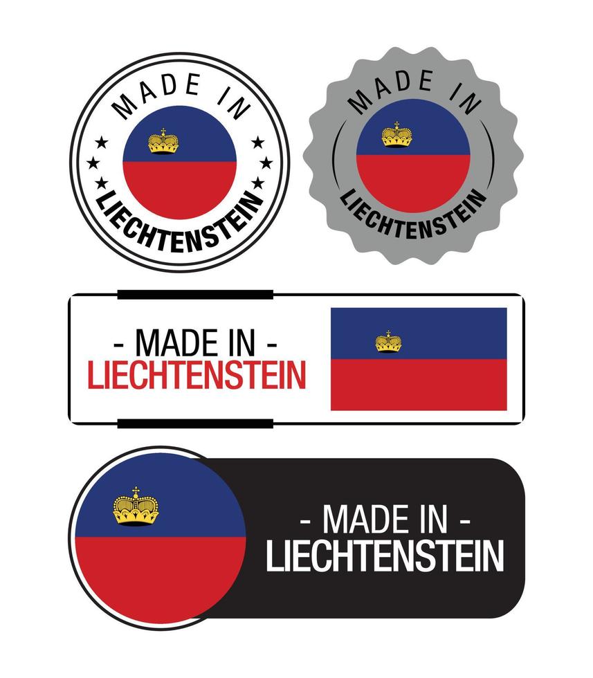 conjunto de etiquetas hechas en liechtenstein, logotipo, bandera de liechtenstein, emblema del producto de liechtenstein vector