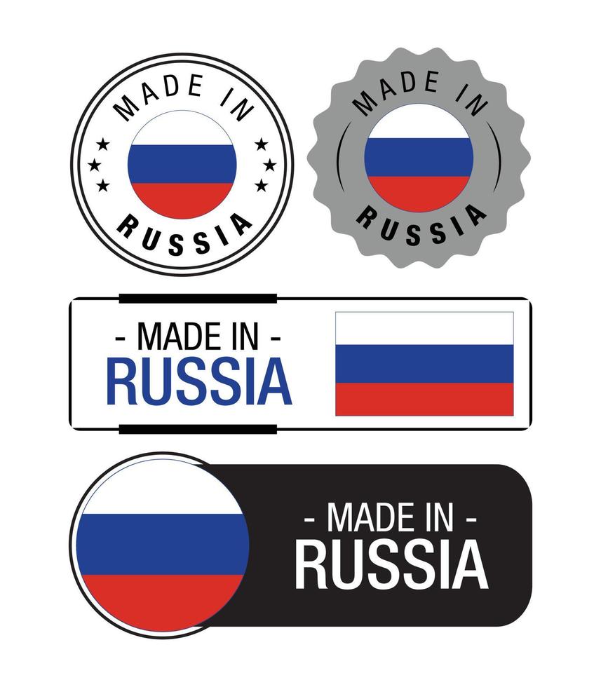 conjunto de etiquetas hechas en Rusia, logotipo, bandera de Rusia, emblema del producto de Rusia vector