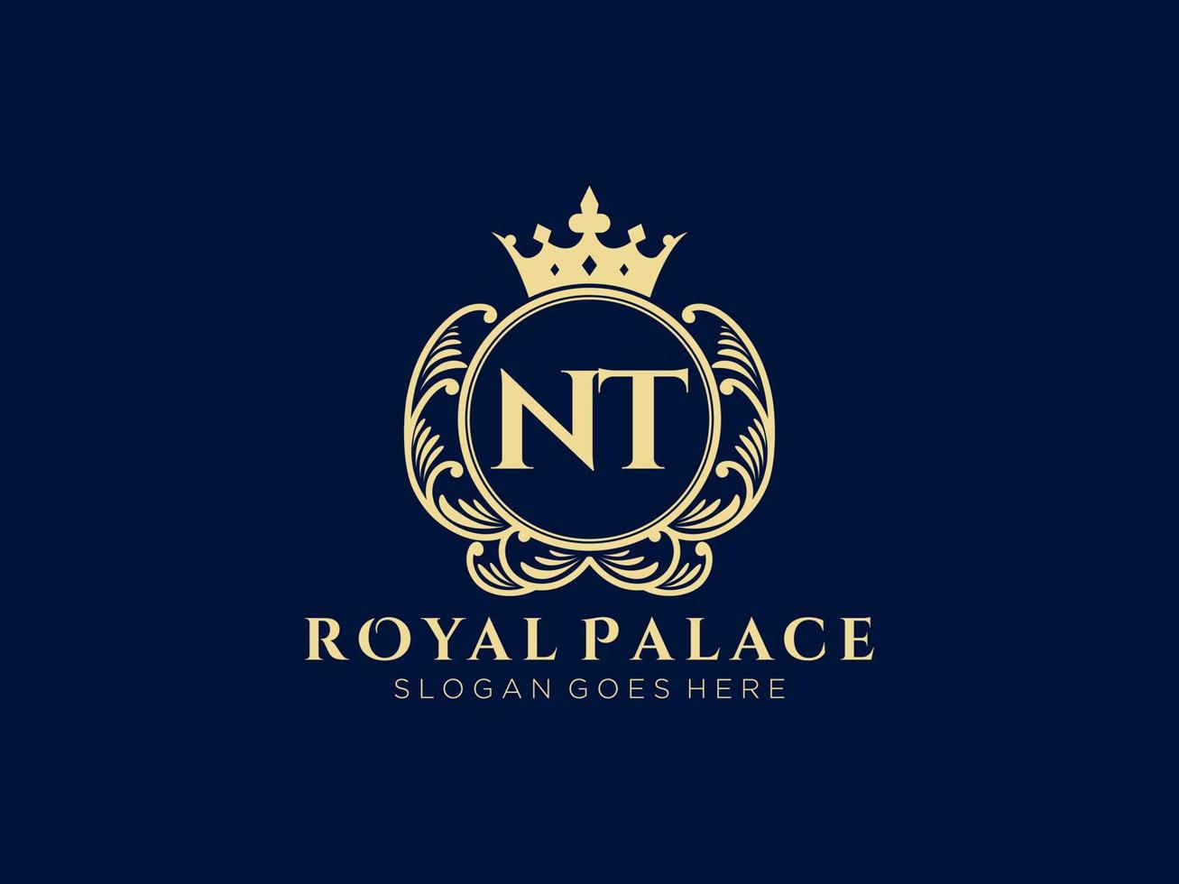 Letter NT Antique royal luxury victorian logo with ornamental frame. vector