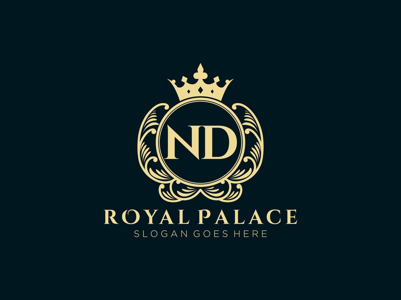 Letter ND Antique royal luxury victorian logo with ornamental frame. vector