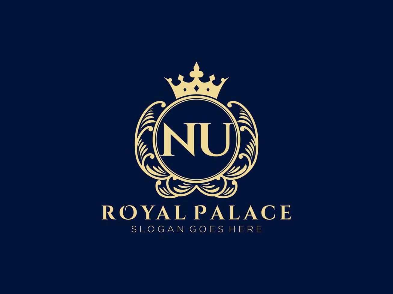 Letter NU Antique royal luxury victorian logo with ornamental frame. vector