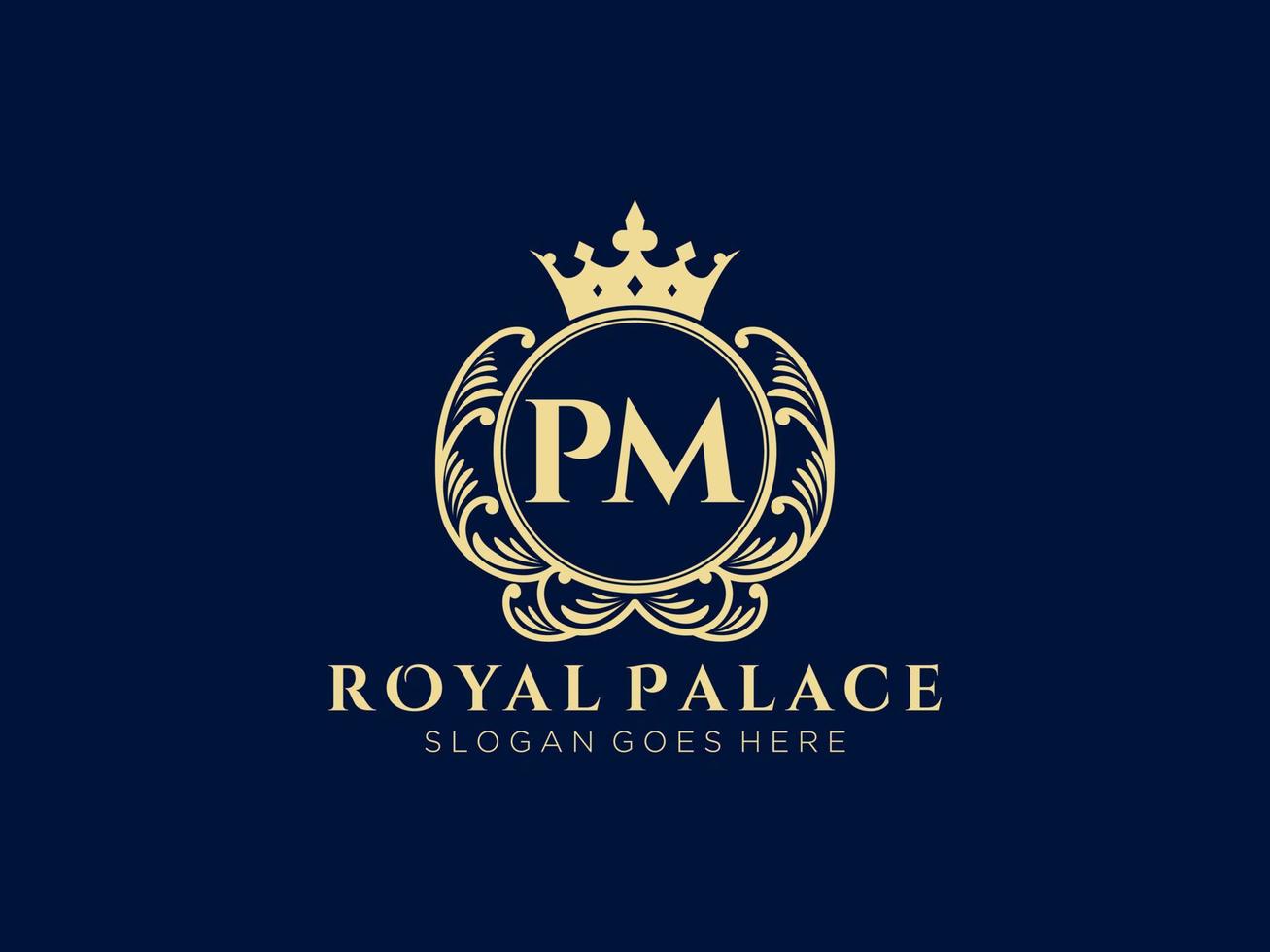 letra pm logotipo victoriano de lujo real antiguo con marco ornamental. vector