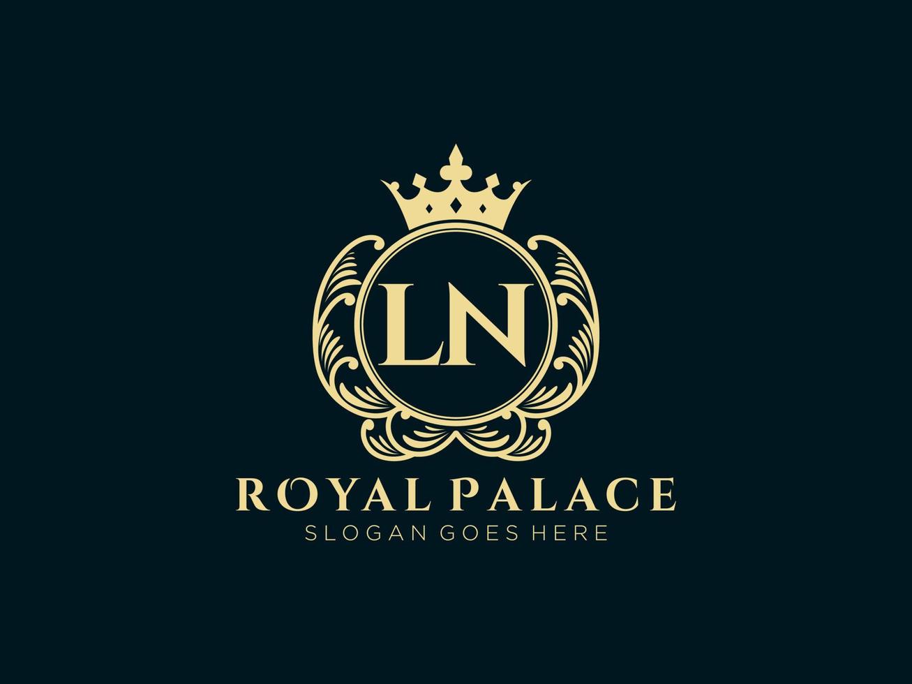 Letter LN Antique royal luxury victorian logo with ornamental frame. vector