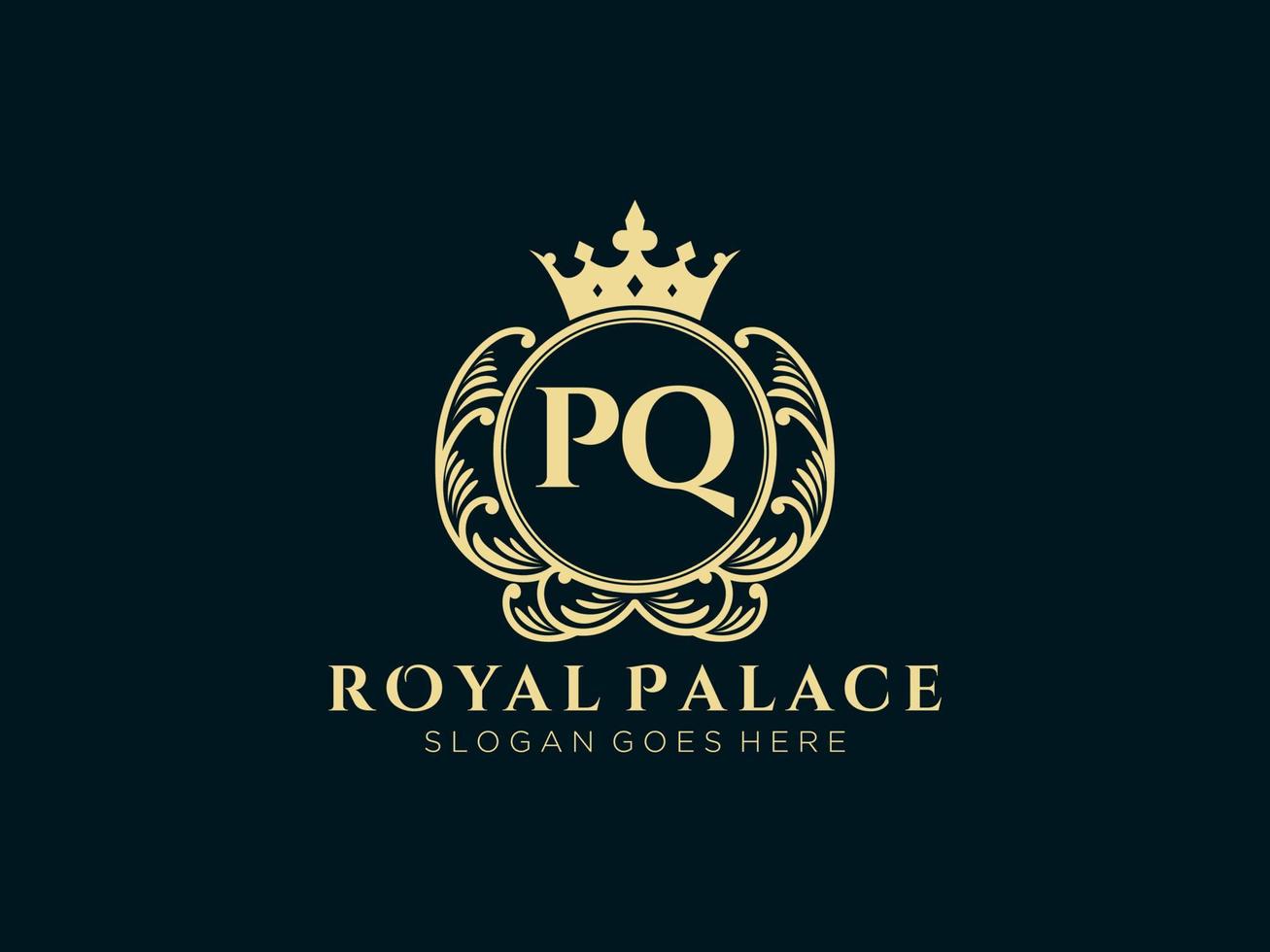 letra pq logotipo victoriano de lujo real antiguo con marco ornamental. vector