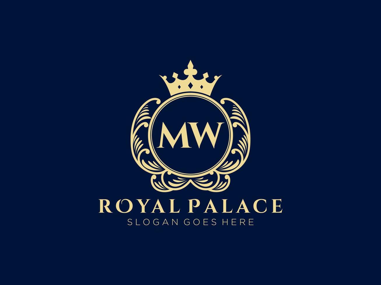 Letter MW Antique royal luxury victorian logo with ornamental frame. vector