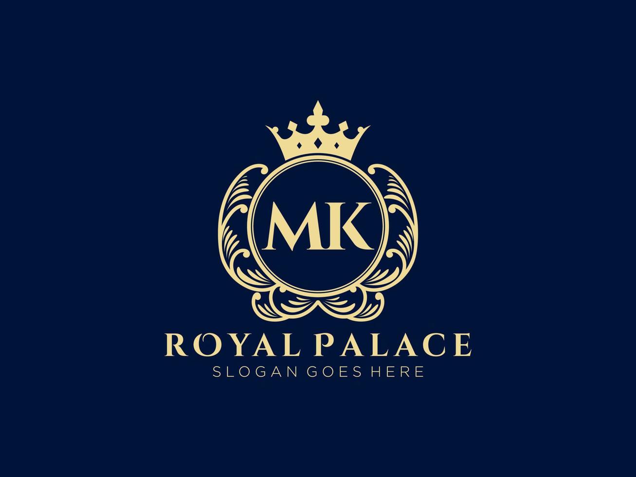 Letter MK Antique royal luxury victorian logo with ornamental frame. vector