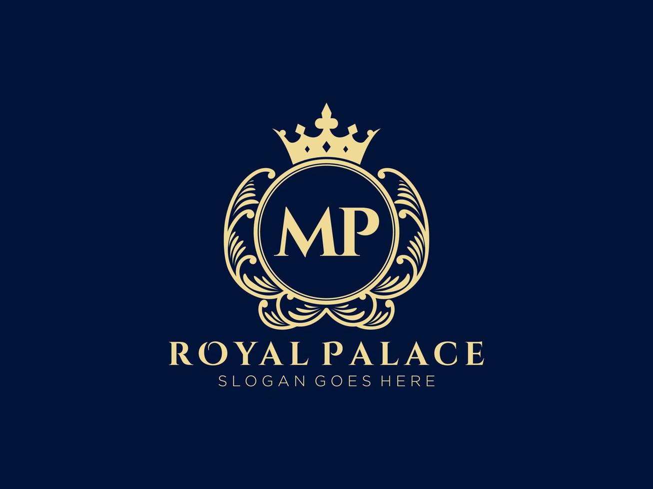 Letter MP Antique royal luxury victorian logo with ornamental frame. vector