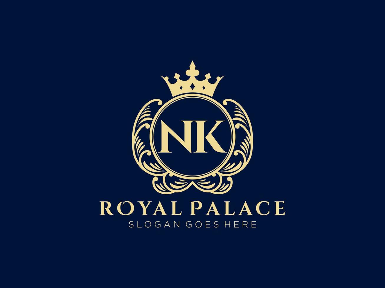 Letter NK Antique royal luxury victorian logo with ornamental frame. vector