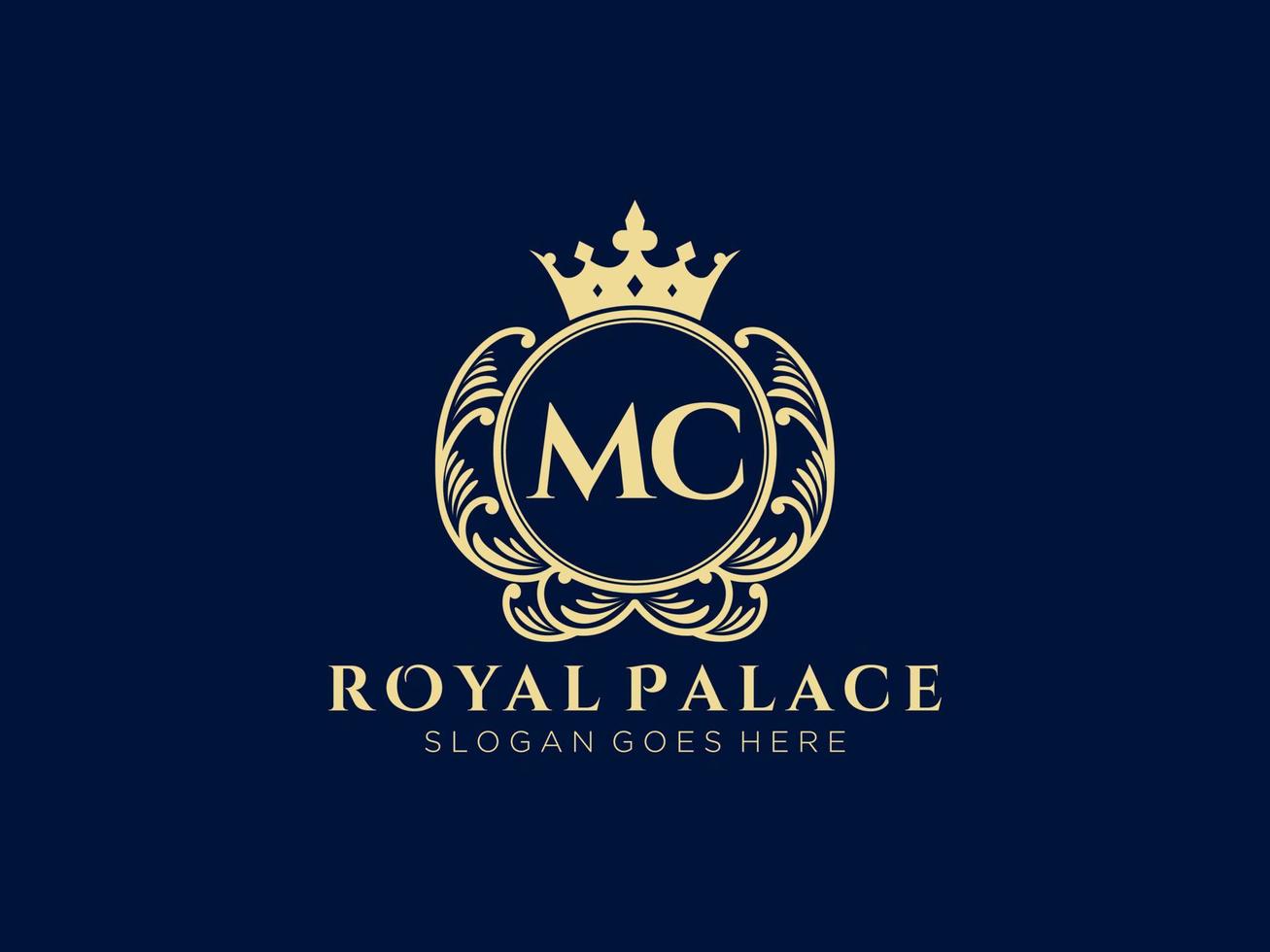 Letter MC Antique royal luxury victorian logo with ornamental frame. vector