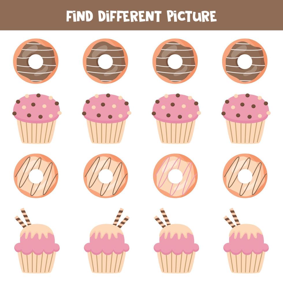 Find donut and cupcake which is different from others. Worksheet for kids. vector