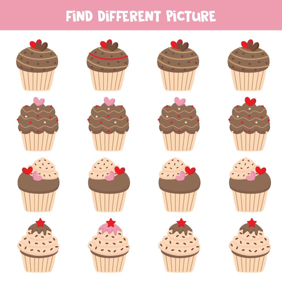 Find cute cupcake which is different from others. Worksheet for kids. vector