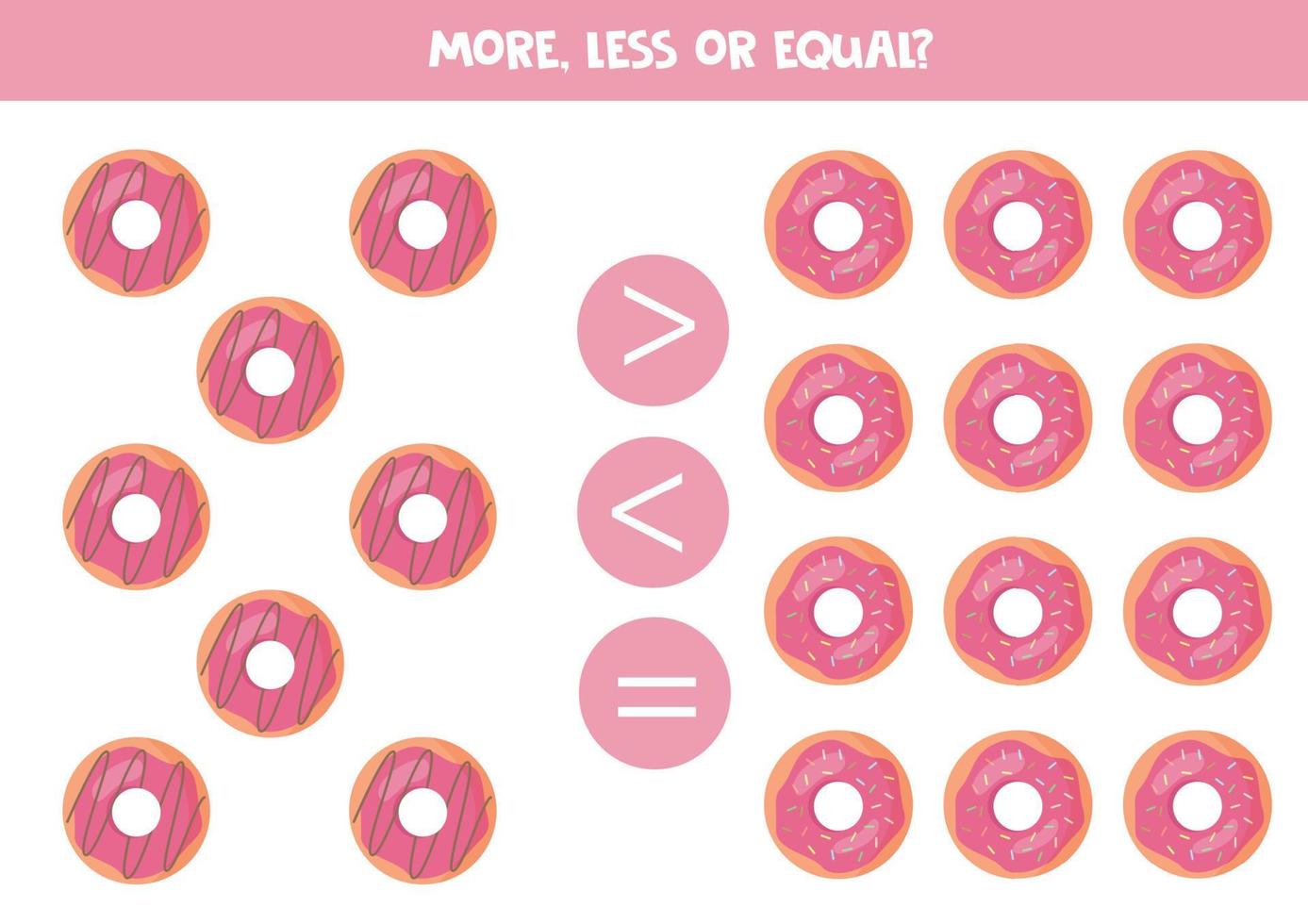 More, less or equal with cartoon pink doughnuts. vector