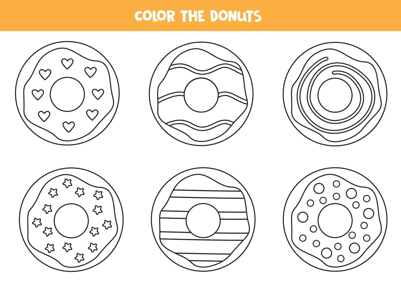 Color cartoon black and white donuts. Worksheet for kids. vector