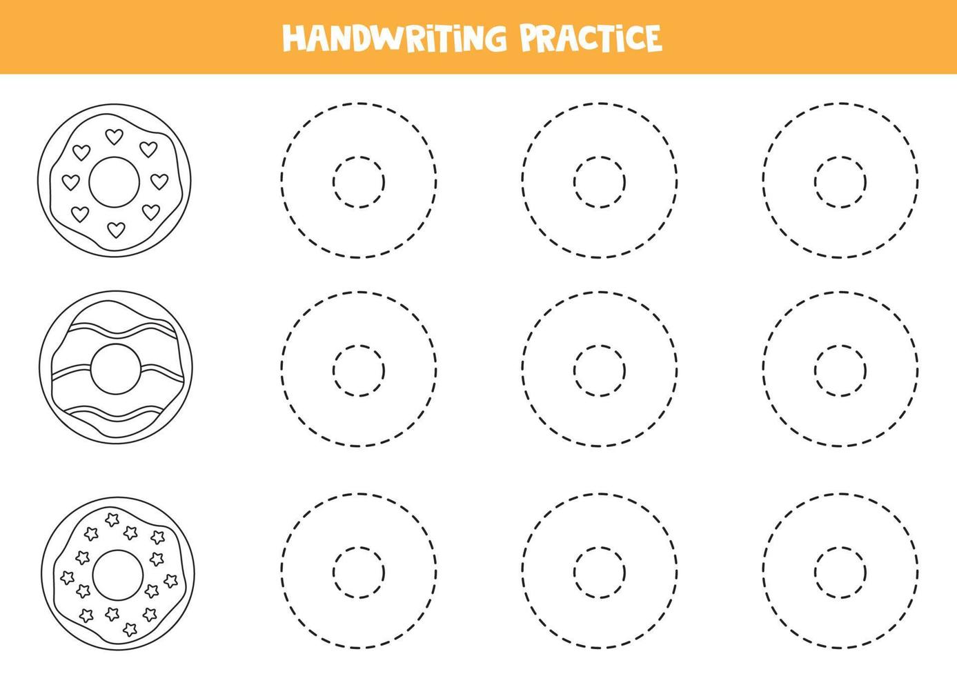 Tracing lines for kids with black and white doughnuts. Writing practice. vector