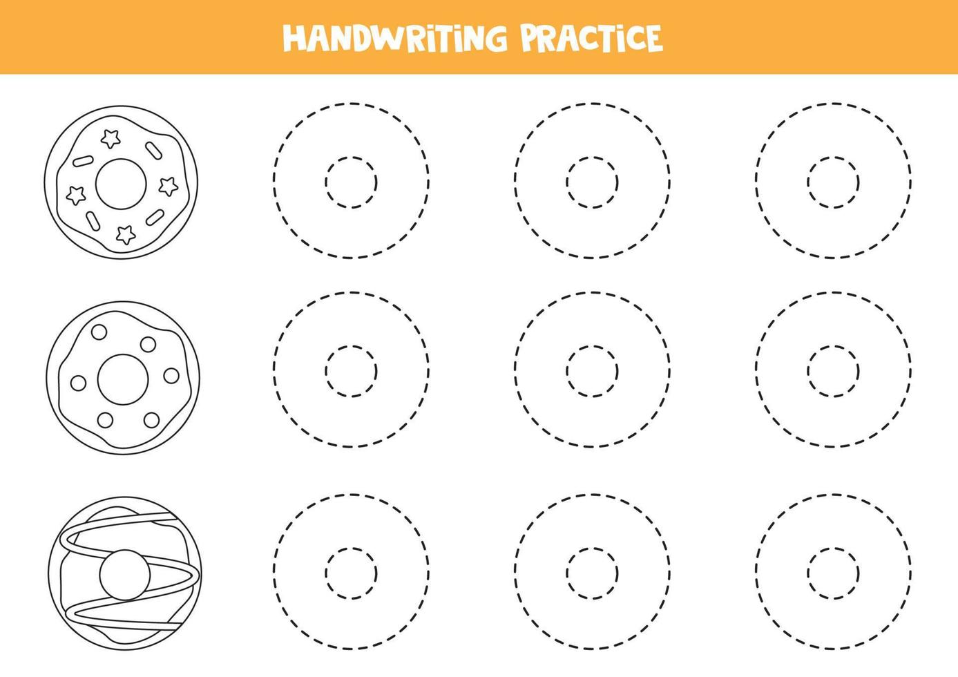 Tracing lines for kids with black and white doughnuts. Writing practice. vector