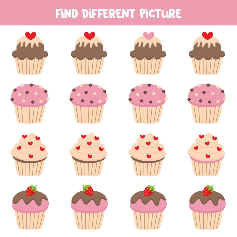 Find cute cupcake which is different from others. Worksheet for kids. vector