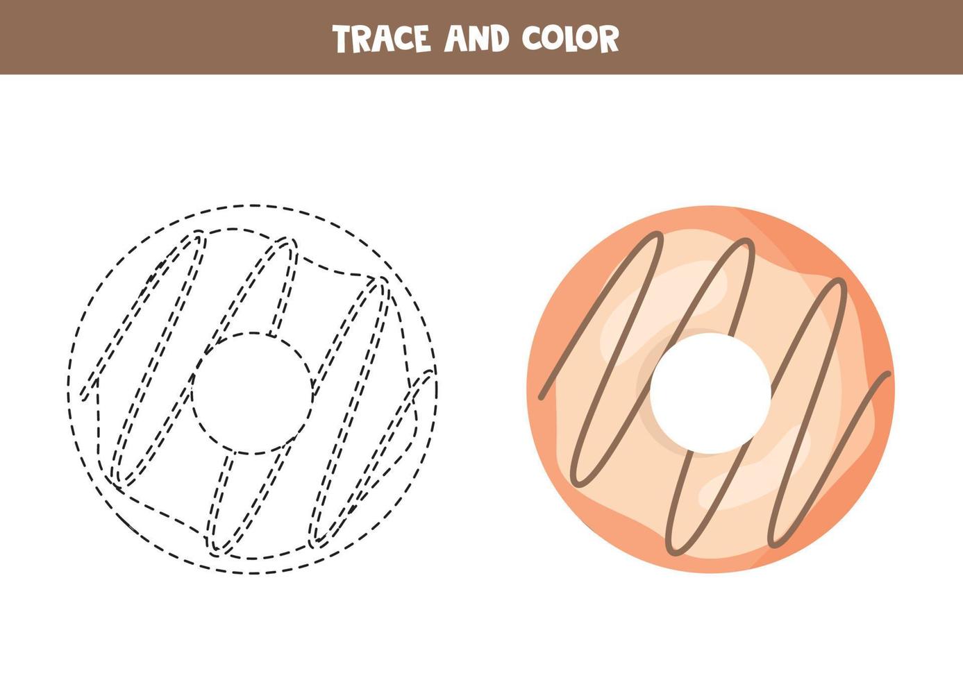 Trace and color cartoon donut. Worksheet for children. vector