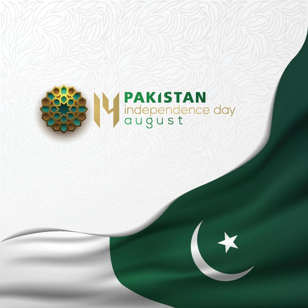 saludo día de la independencia de pakistán 14 agosto diseño vectorial de fondo con caligrafía árabe, bandera y motivos florales. para tarjeta, pancarta, papel tapiz, brosur, portada y decoración vector
