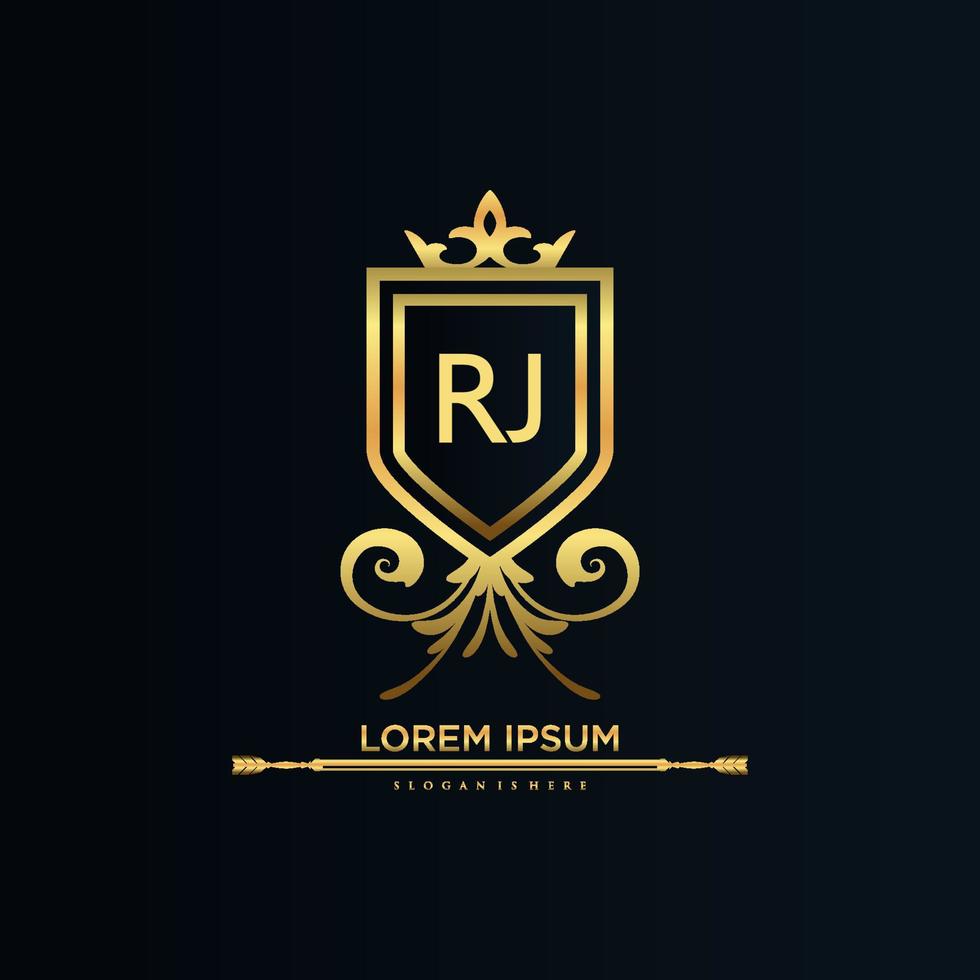 letra rj inicial con plantilla real.elegante con vector de logotipo de corona, ilustración de vector de logotipo de letras creativas.