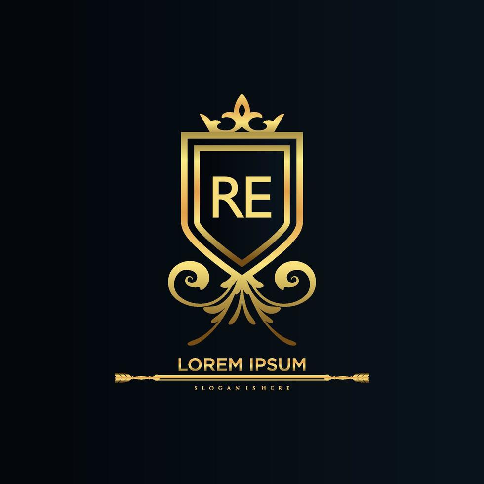 letra re inicial con plantilla real.elegante con vector de logotipo de corona, ilustración de vector de logotipo de letras creativas.