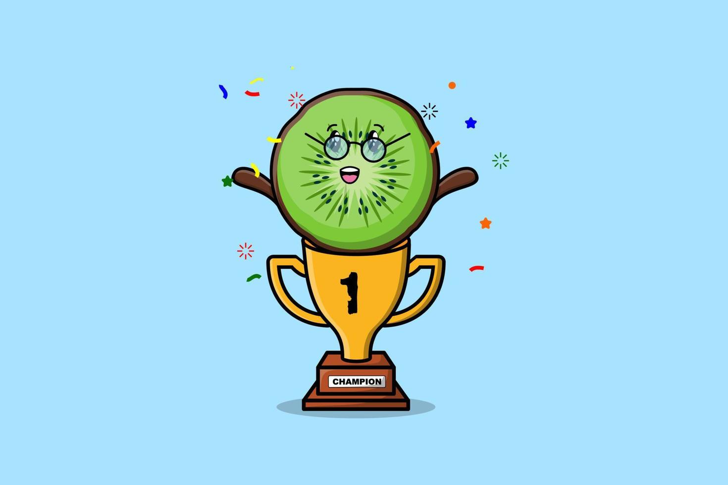 Cute cartoon Kiwi fruit character in trophy vector