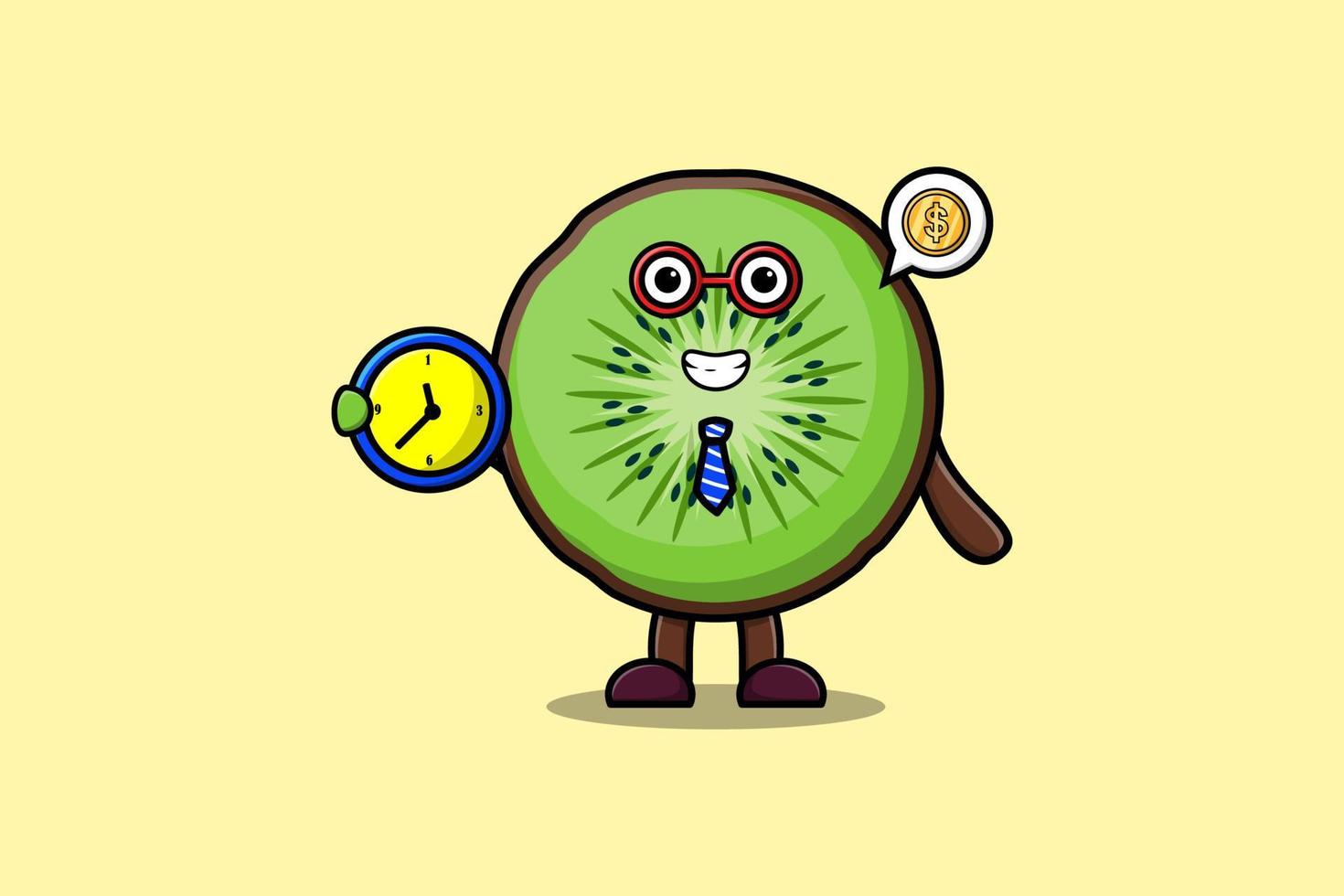 Cute cartoon Kiwi fruit character holding clock vector