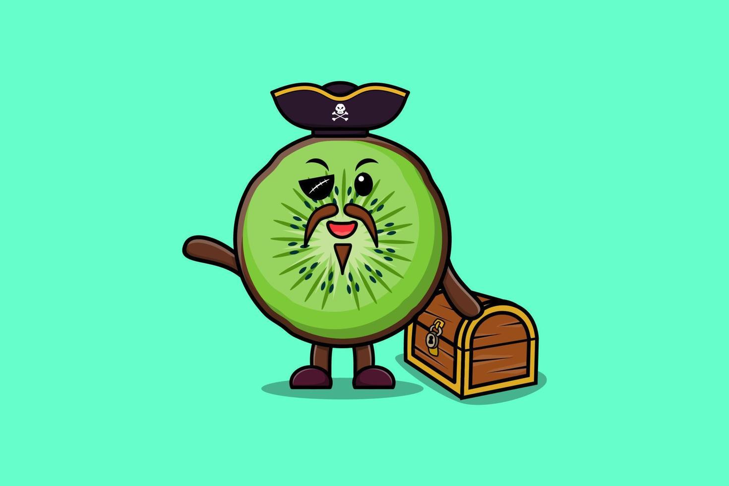 pirata de dibujos animados lindo kiwi con caja del tesoro vector