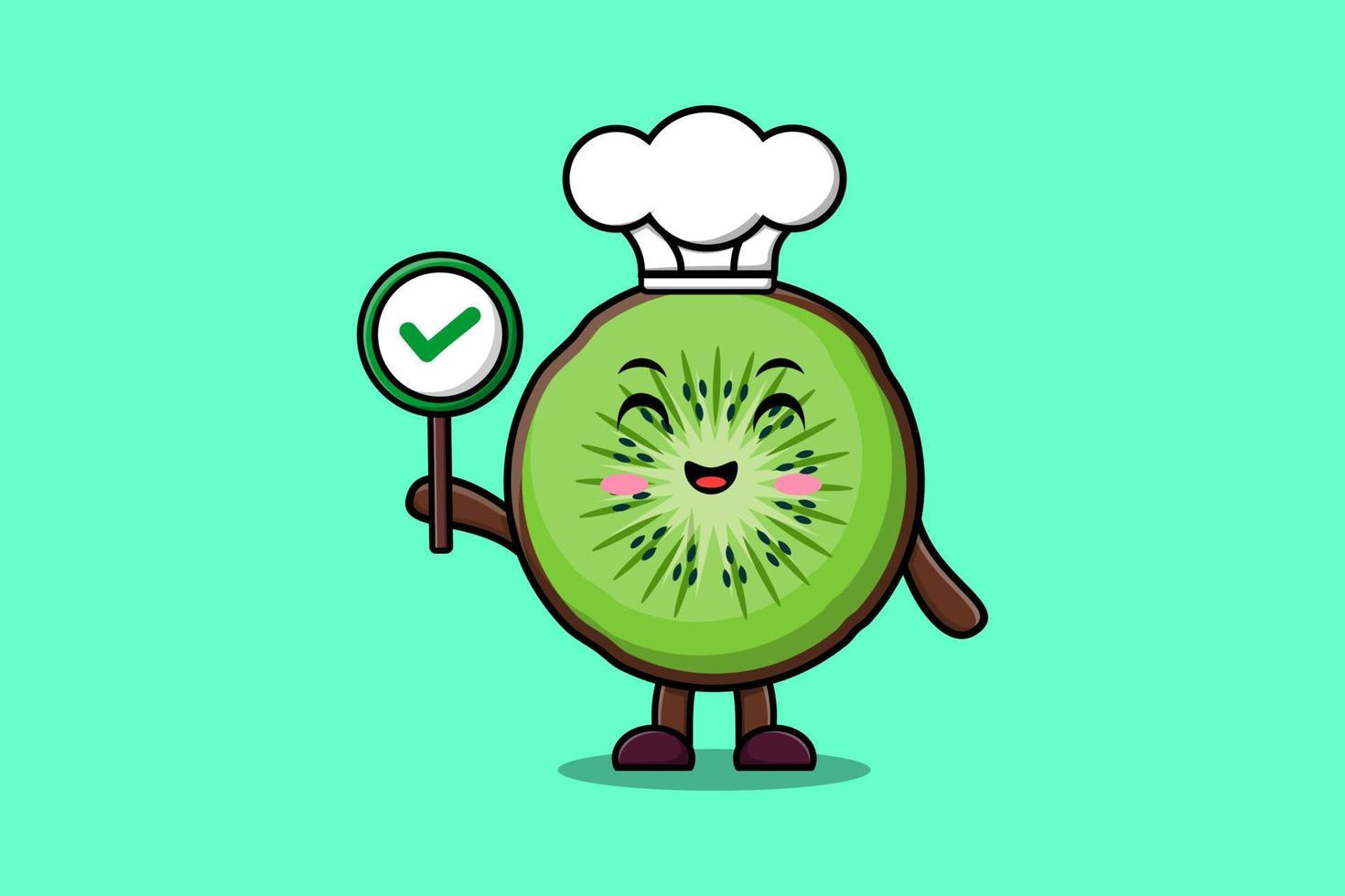 cartoon Kiwi fruit chef holding correct sign board vector