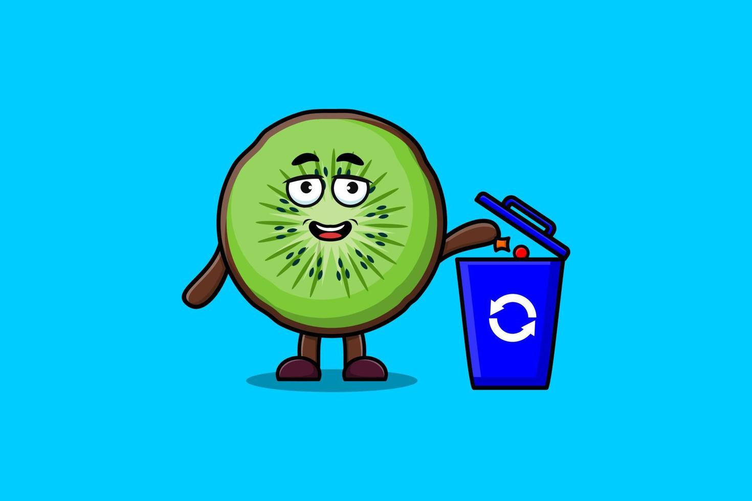 Cute cartoon Kiwi fruit throw trash in the trash vector