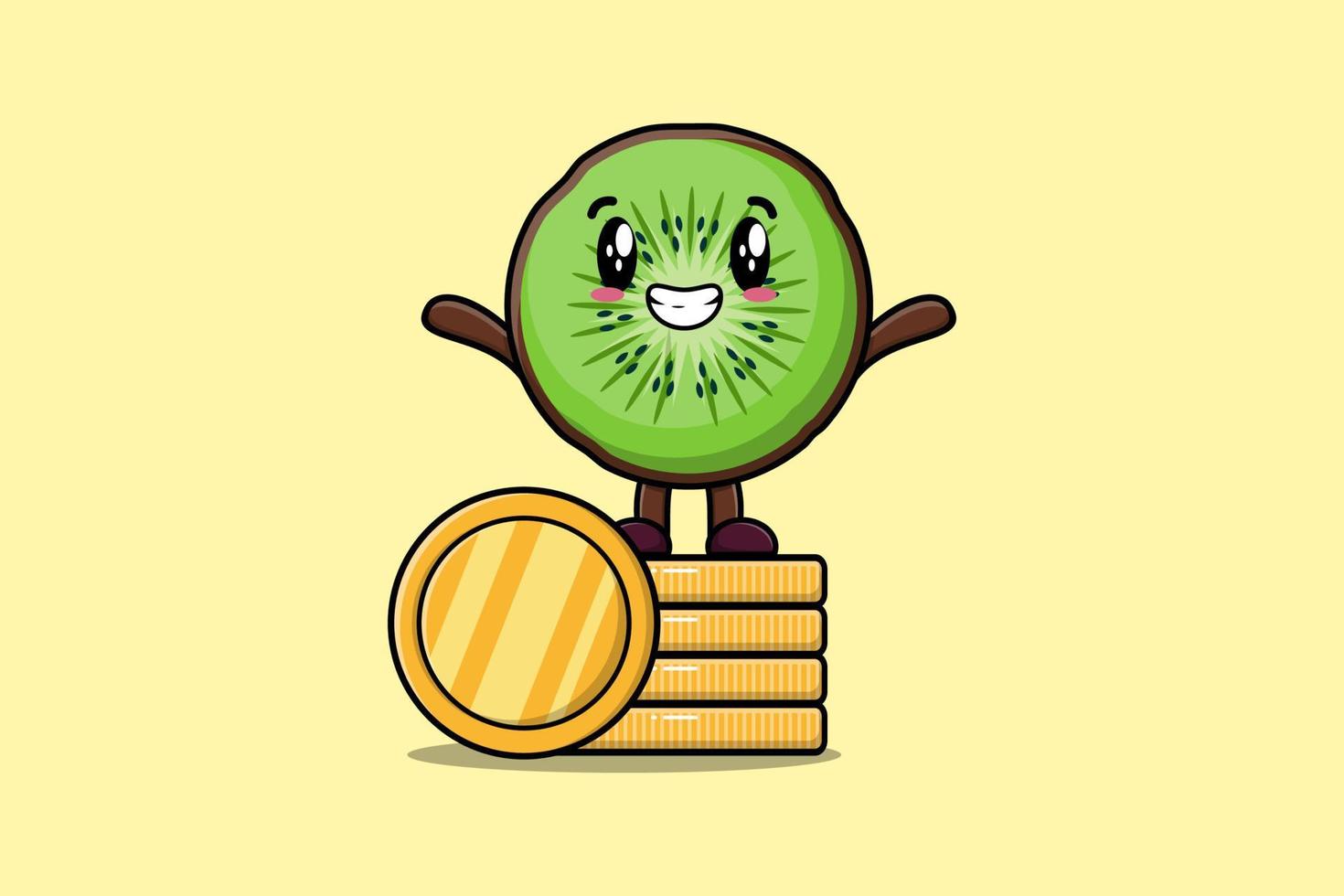 Cute cartoon Kiwi fruit stand in stacked gold coin vector