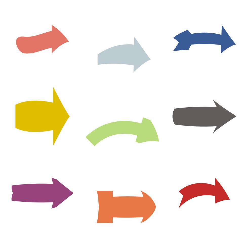 Set of nine multicolored various arrows. Vector illustration