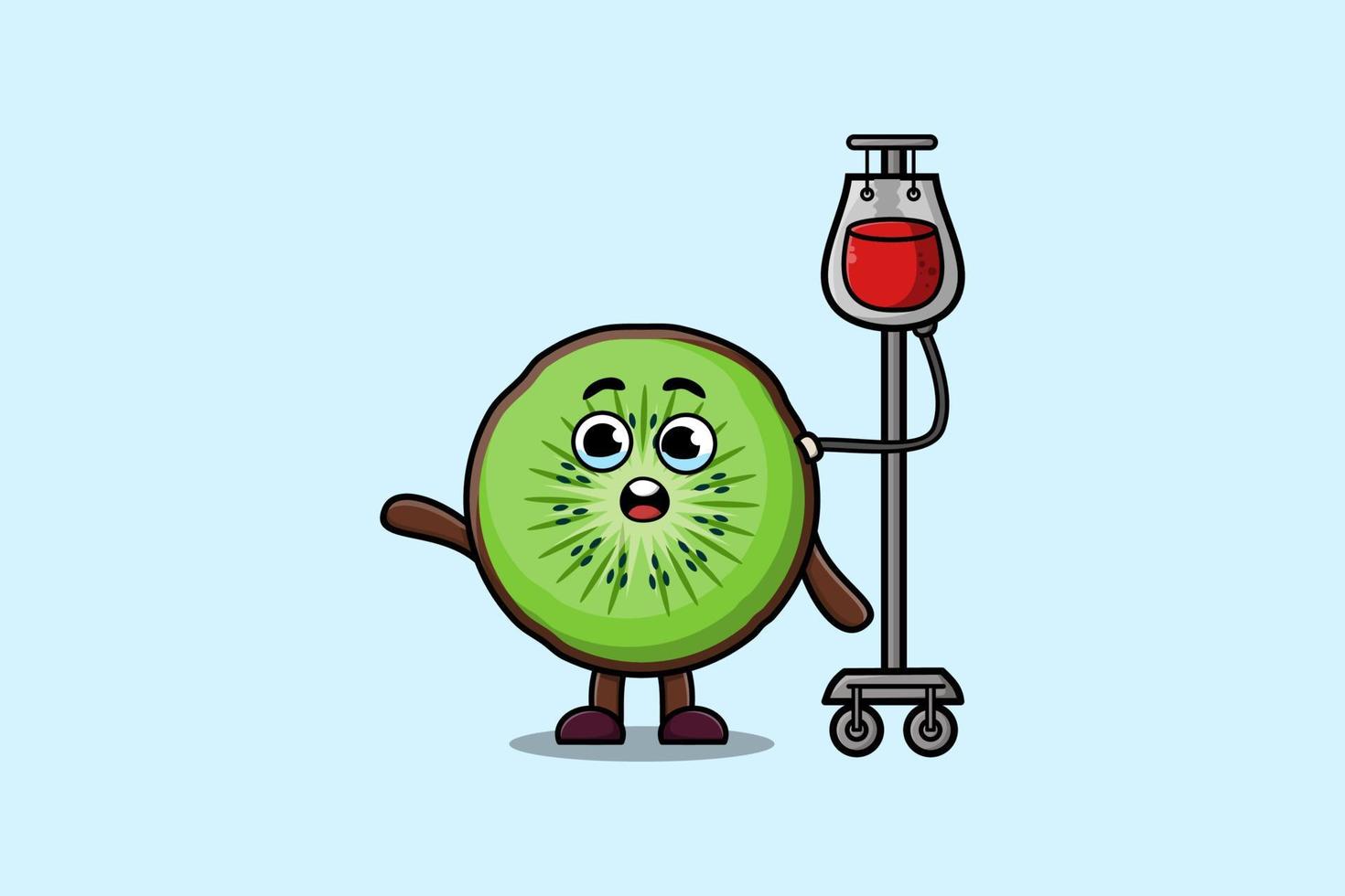 linda caricatura de kiwi con transfusión de sangre vector