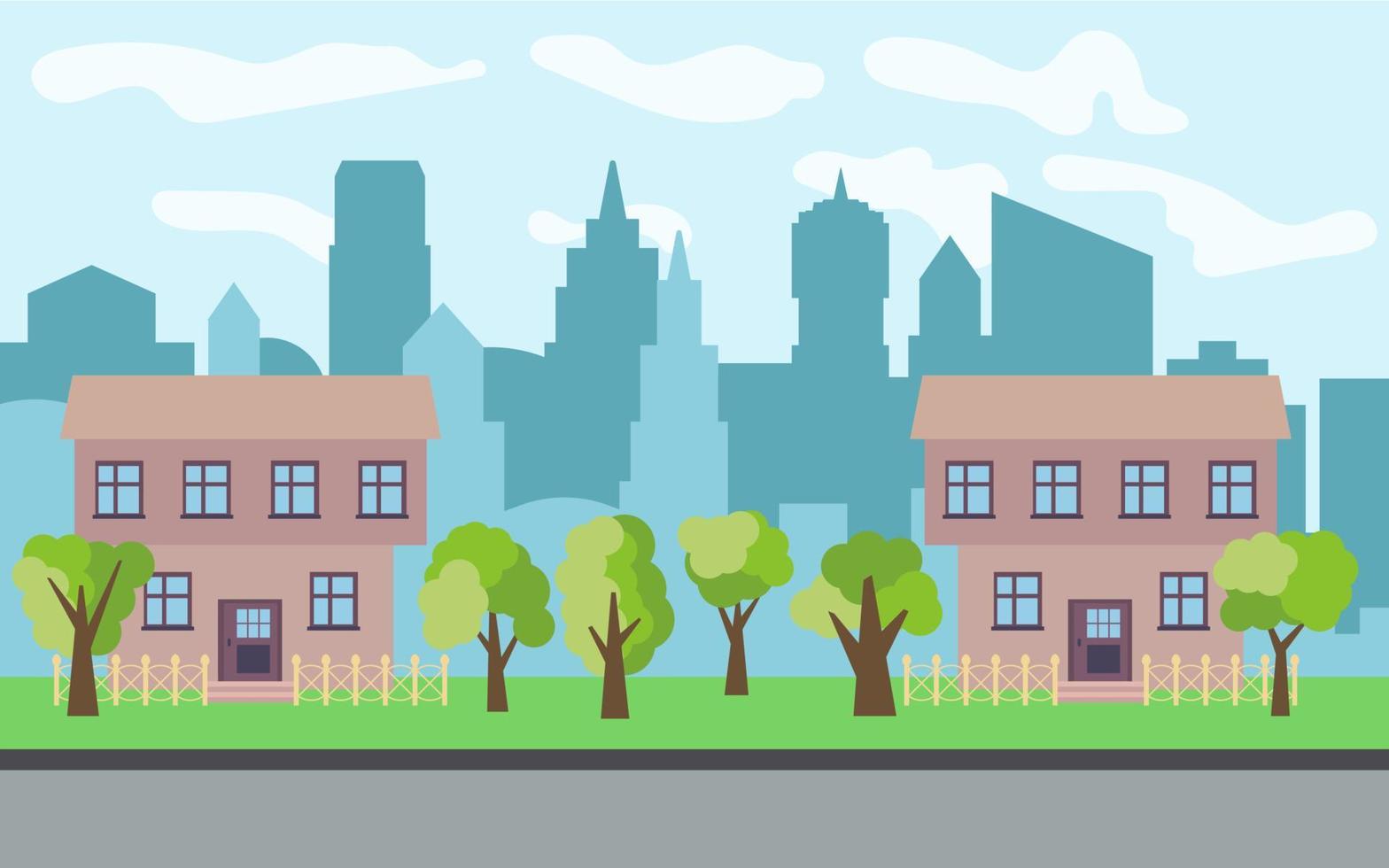 Vector city with two two-story cartoon houses and green trees in the sunny day. Summer urban landscape. Street view with cityscape on a background