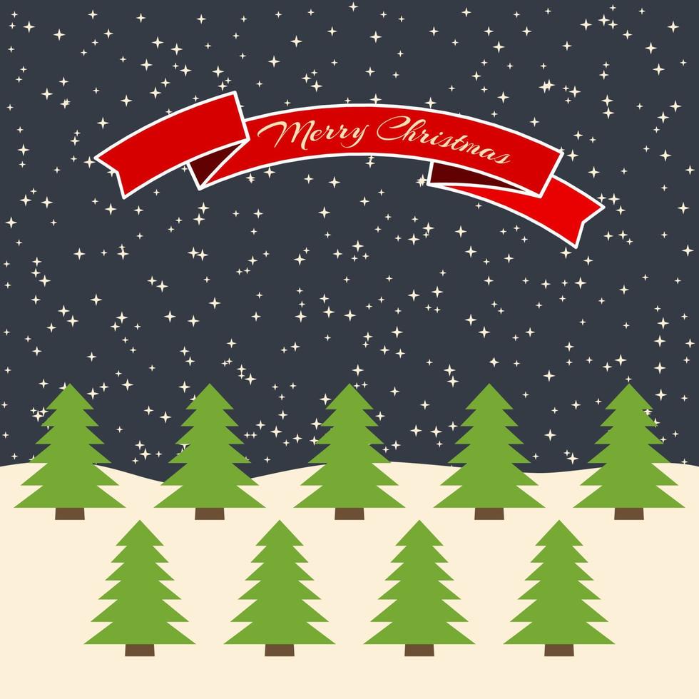 Night forest with stellar sky and a red ribbon with the inscription Happy Christmas. Vector illustration.