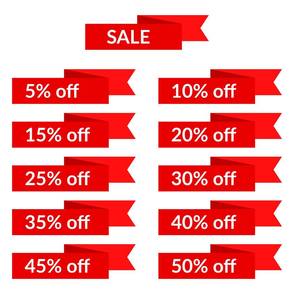 Set of red sale ribbons with different discount values. Sale label template. Vector illustration