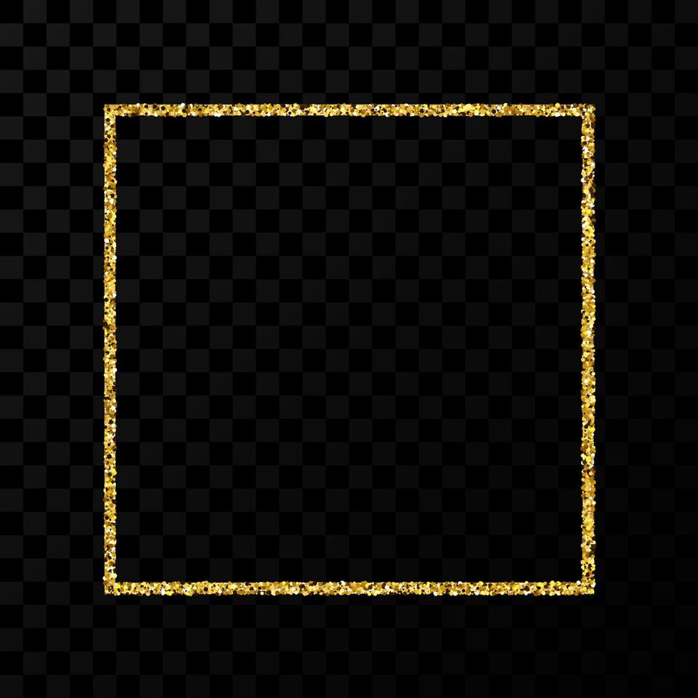 Gold glitter frame. Square frame with shiny sparkles on dark transparent background. Vector illustration