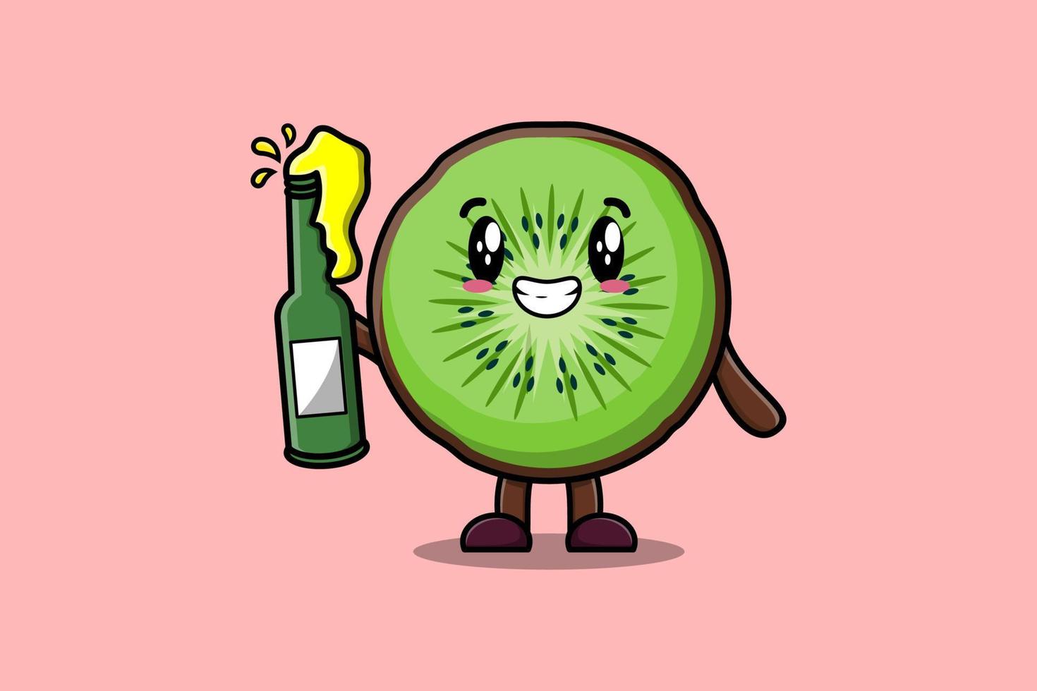 Cute cartoon character Kiwi fruit with soda bottle vector