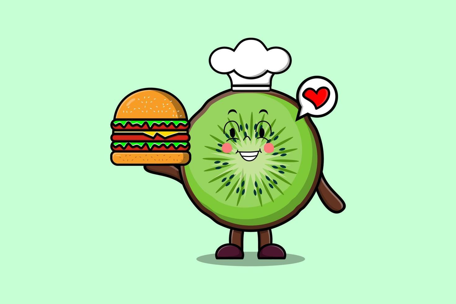 personaje de chef de fruta de kiwi de dibujos animados lindo sostener hamburguesa vector